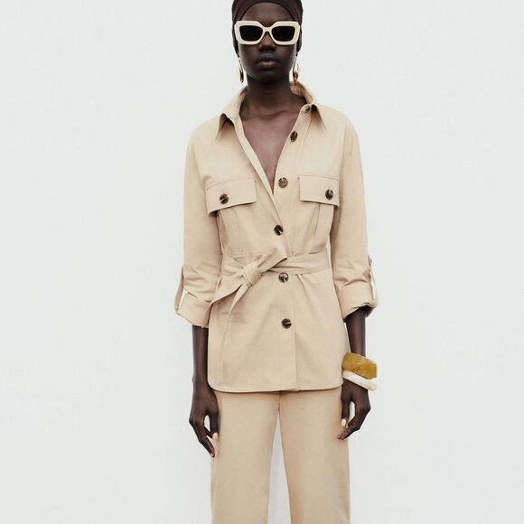 Zara Tan Belted Utility Shirt Jacket - Size Large - Picture 7 of 7